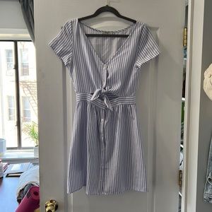 Blue and white striped dress with tie front
